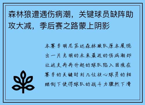 森林狼遭遇伤病潮，关键球员缺阵助攻大减，季后赛之路蒙上阴影